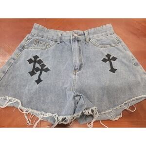 Short Cut Off Grunge Punk Casual Cross Embroidery Raw Edge Denim Shorts Women’s